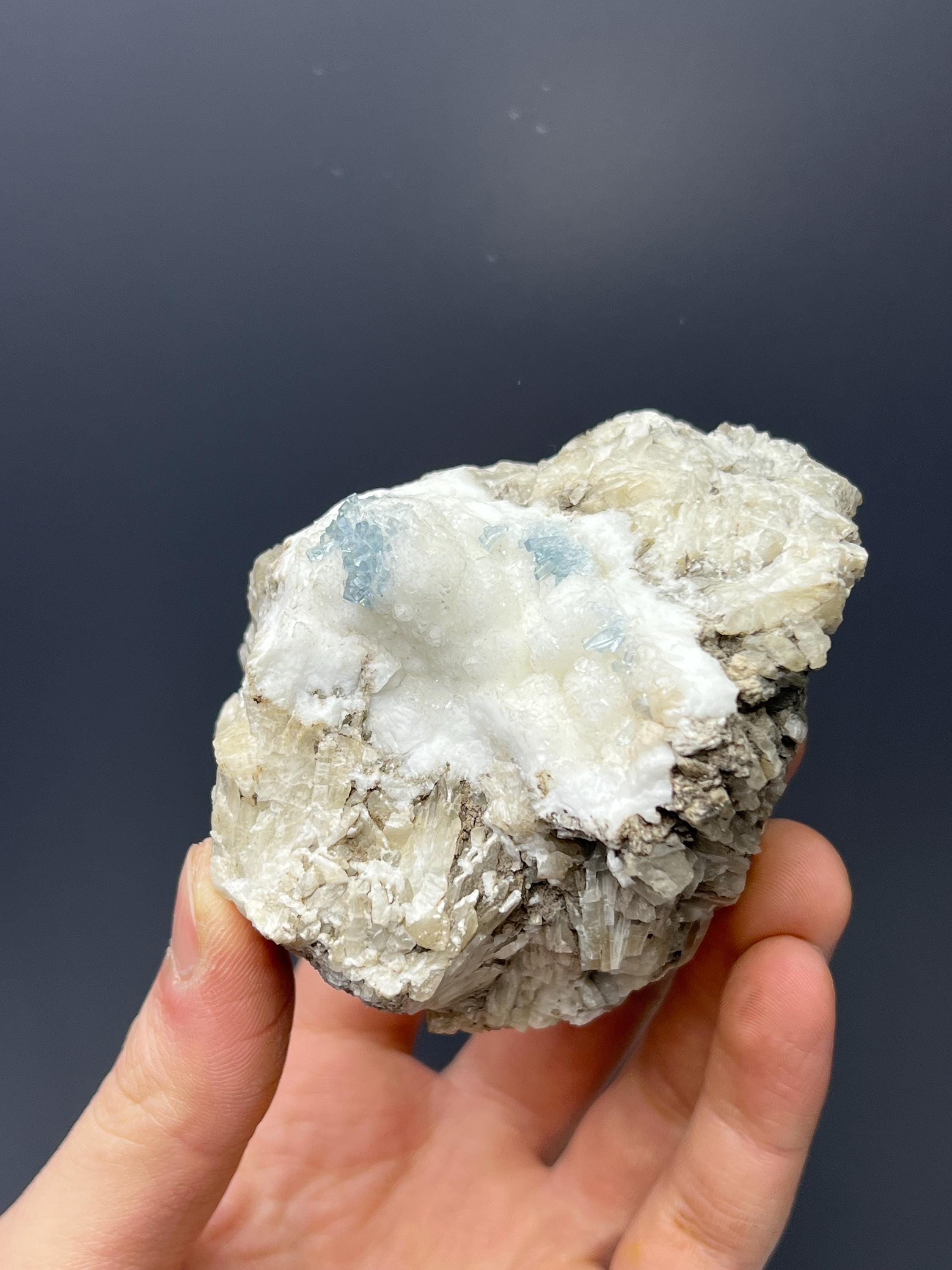 Blue Celestine Cluster On Snow White Baryte Covered Colemanite - Crystal Gemstone AE 