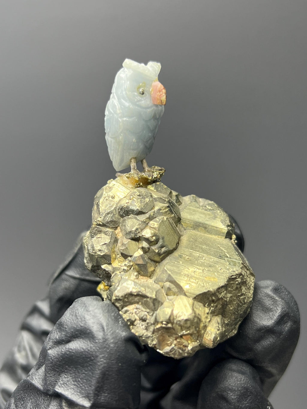 Pyrite On Natural Stone Owl Bird - Crystal Gemstone AE 