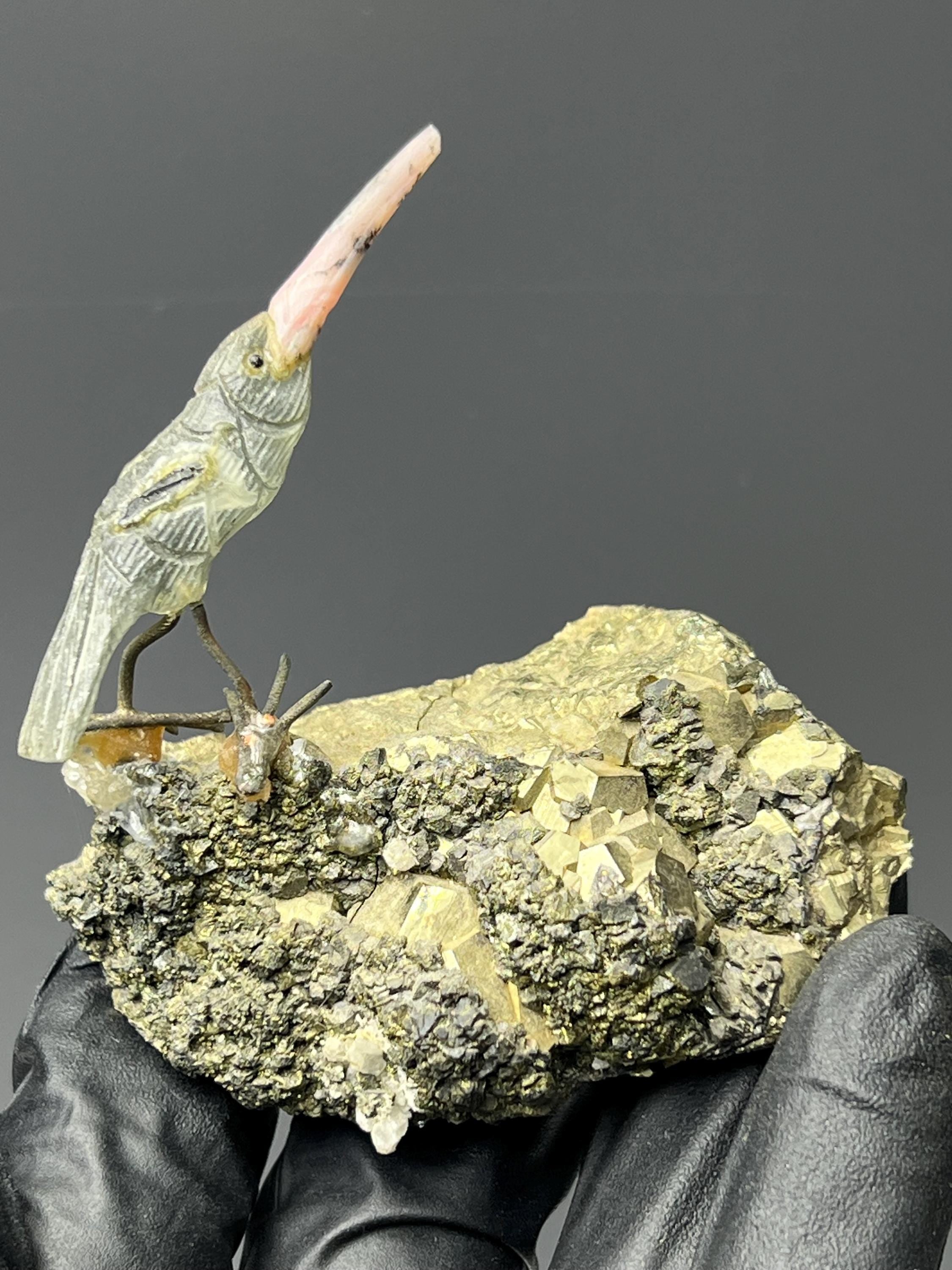 Pyrite And Galena Stone With Natural Stone Bird - Crystal Gemstone AE 