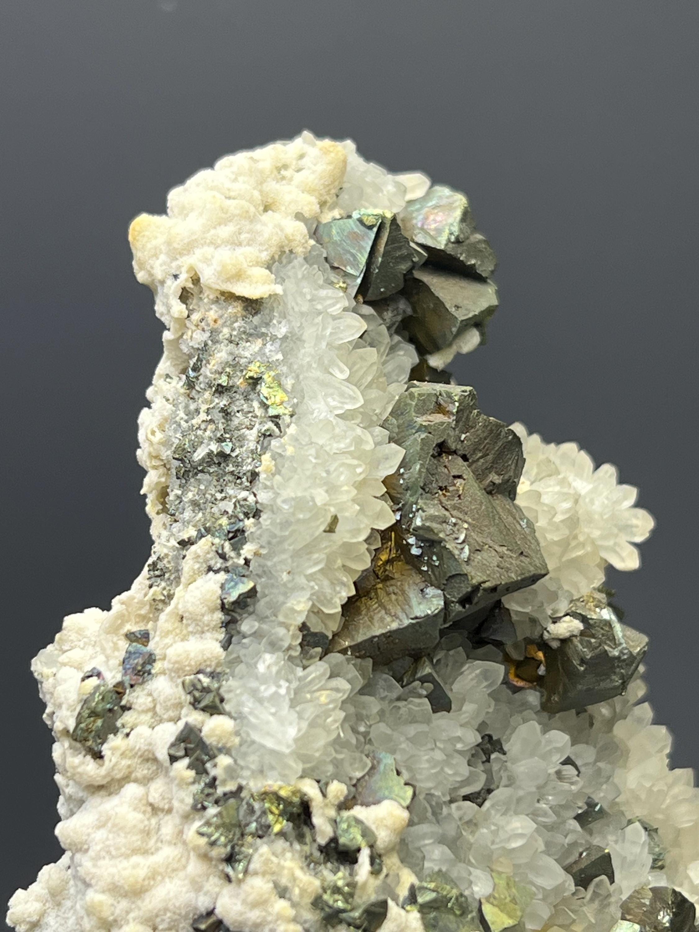 Very Very Special!! Chalcopyrite With Crystal Calcite And Crystal Quartz - Crystal Gemstone AE 