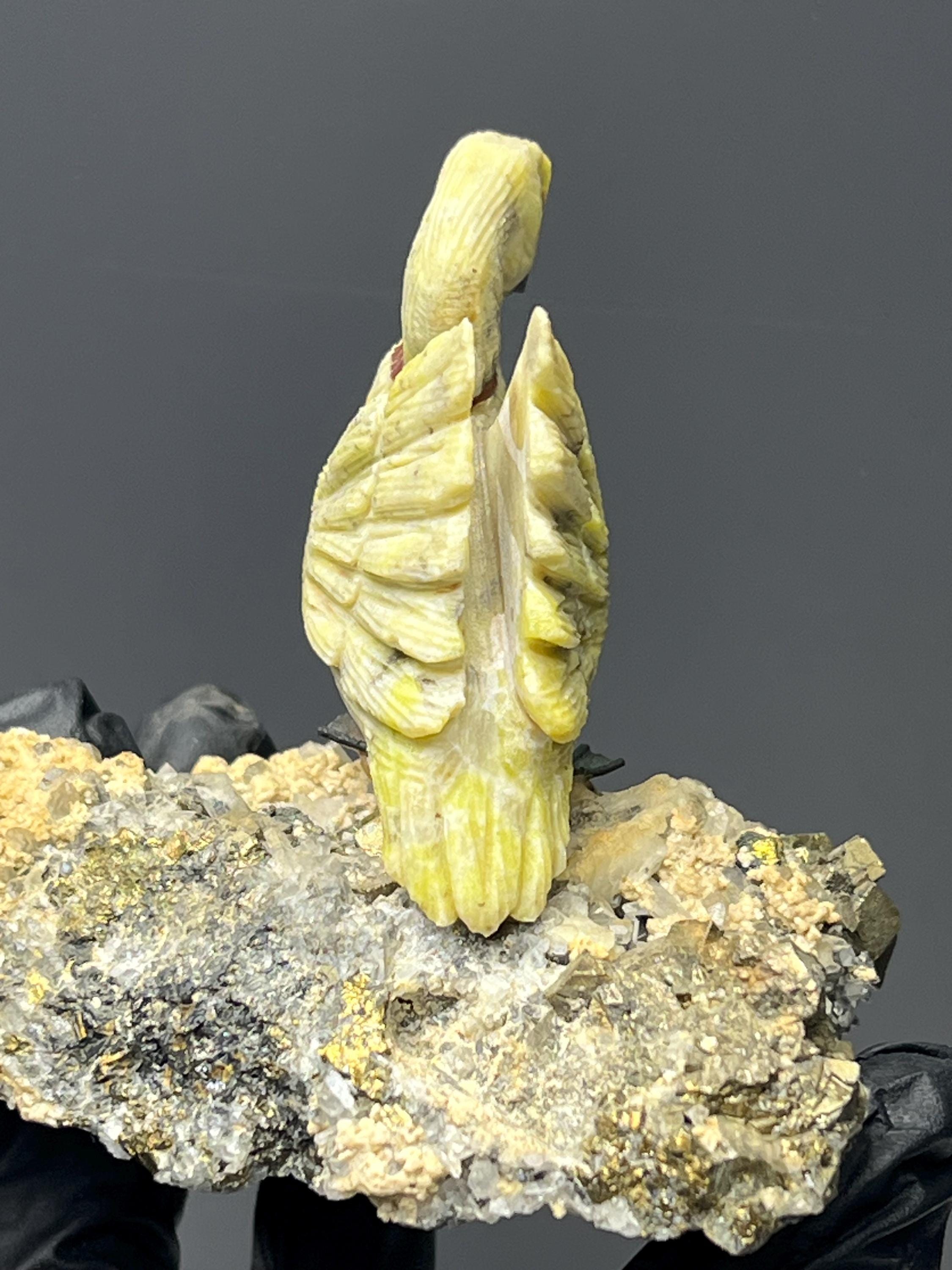 Pyrite And Calcite With Crystal Quartz On Natural Stone Swan Bird - Crystal Gemstone AE 