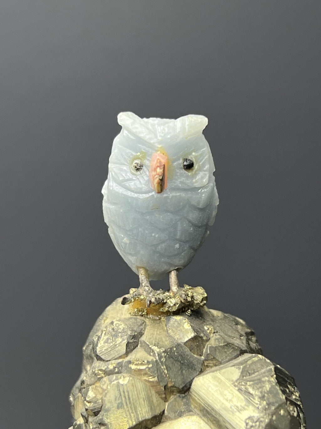 Pyrite On Natural Stone Owl Bird - Crystal Gemstone AE 