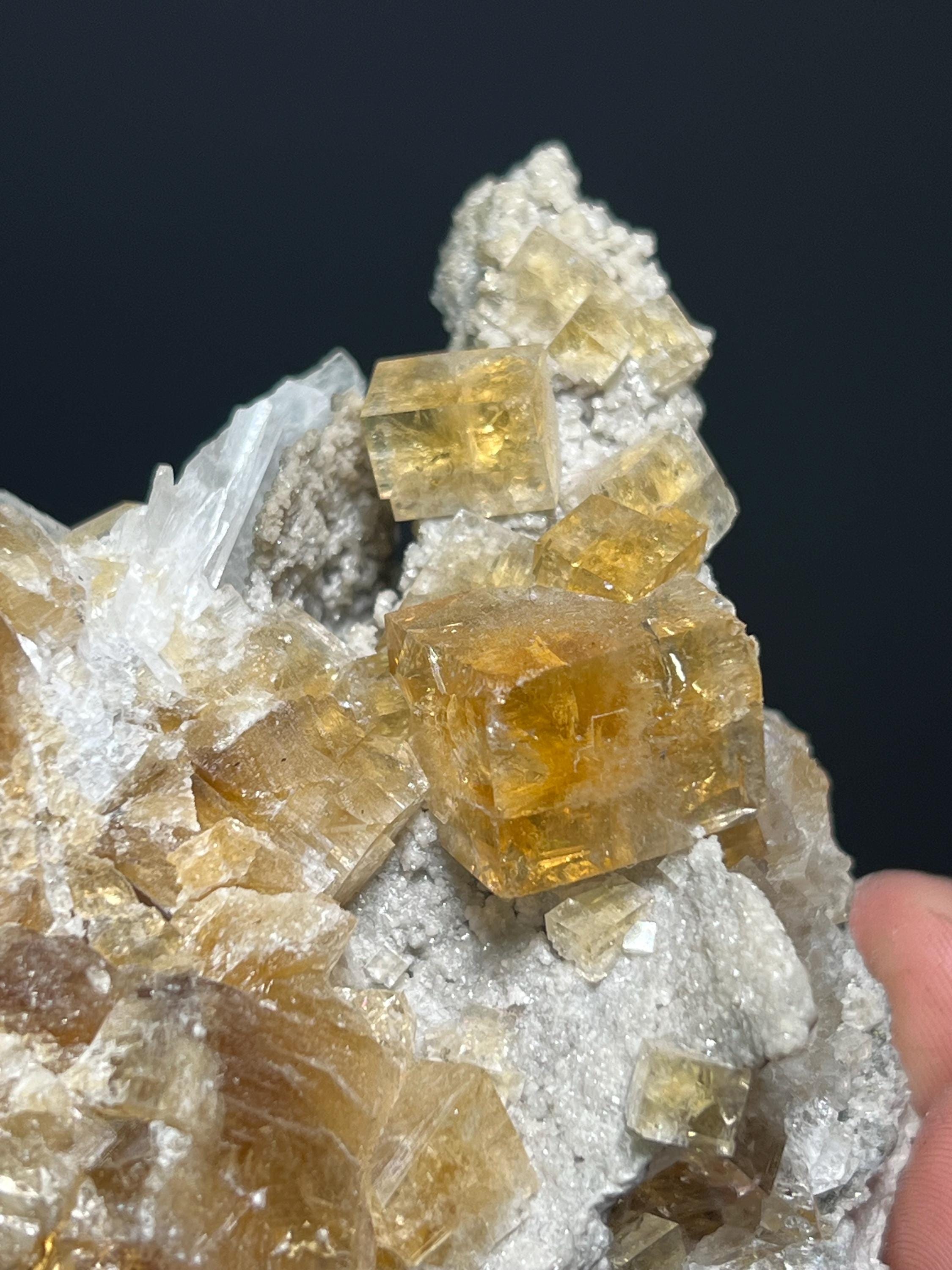 Orange Fluorite Specimen with Calcite, Rare Crystal (208gram, Canada) - Crystal Gemstone AE 