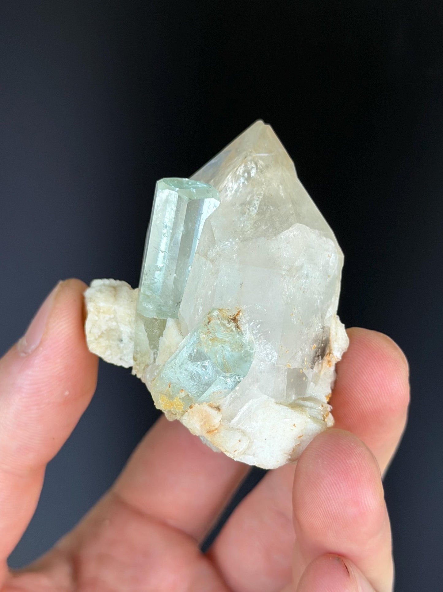 Beryl And Aquamarine With Tourmaline In Quartz