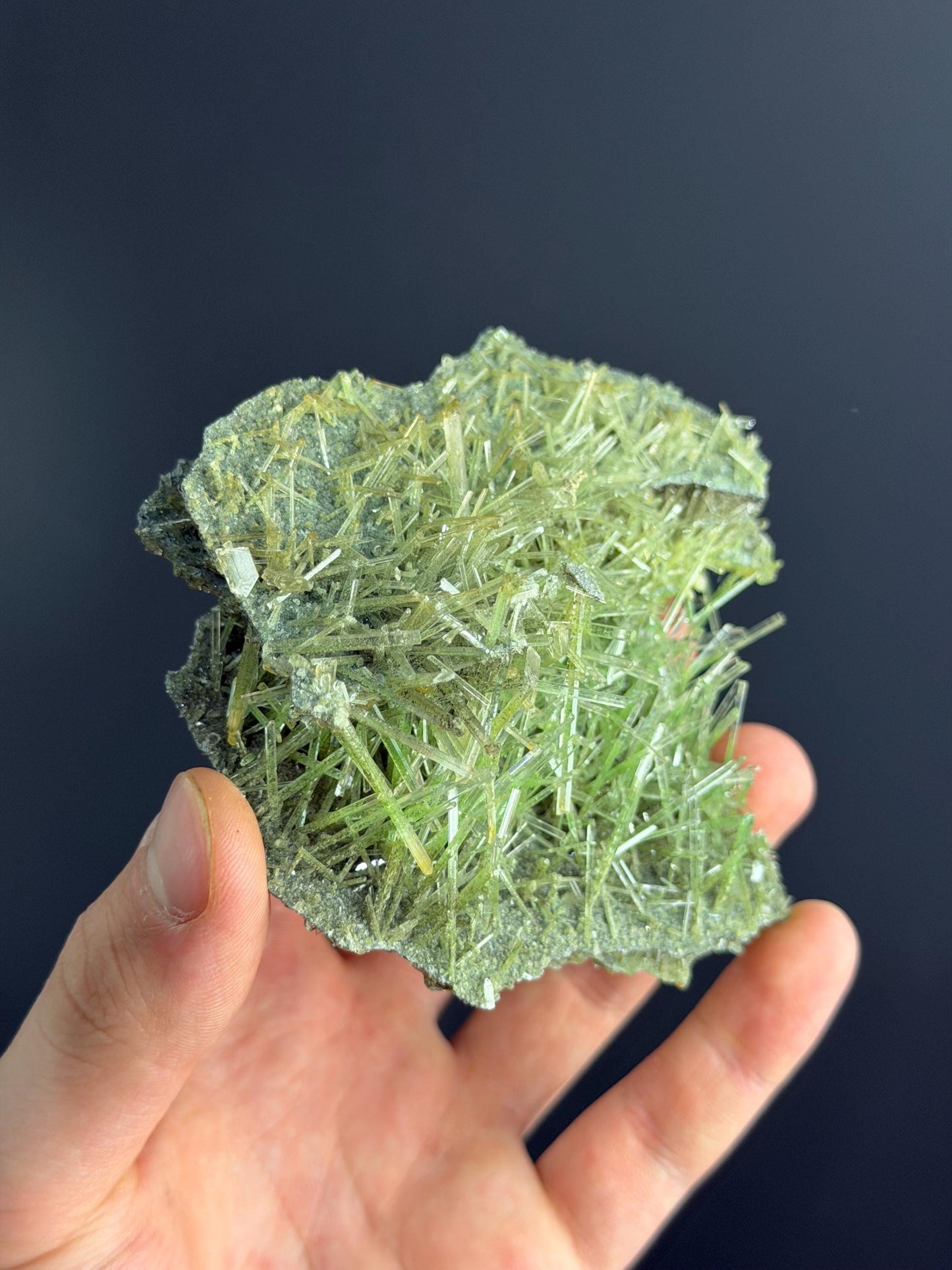 UNIQUE! Natural Green Selenitee Crystals On Bassalt