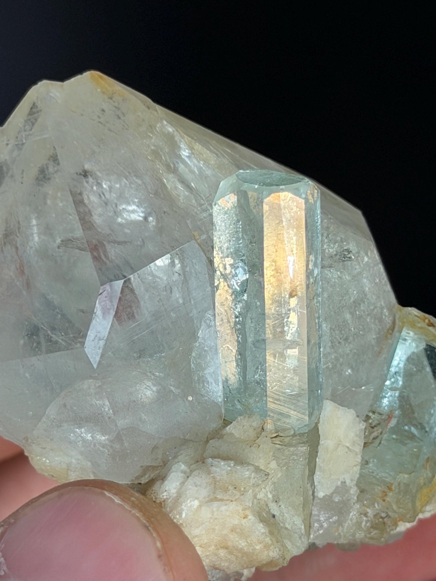 Beryl And Aquamarine With Tourmaline In Quartz